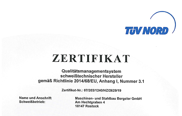 Zertifikat zur Fertigung von Druckgeräten nach DIN EN ISO 3834-2