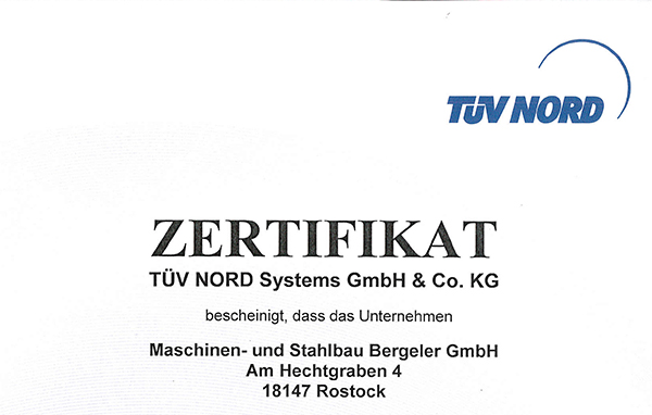 Zertifikat über Fertigungsstätte für Druckbehälter und Rohrleitungen